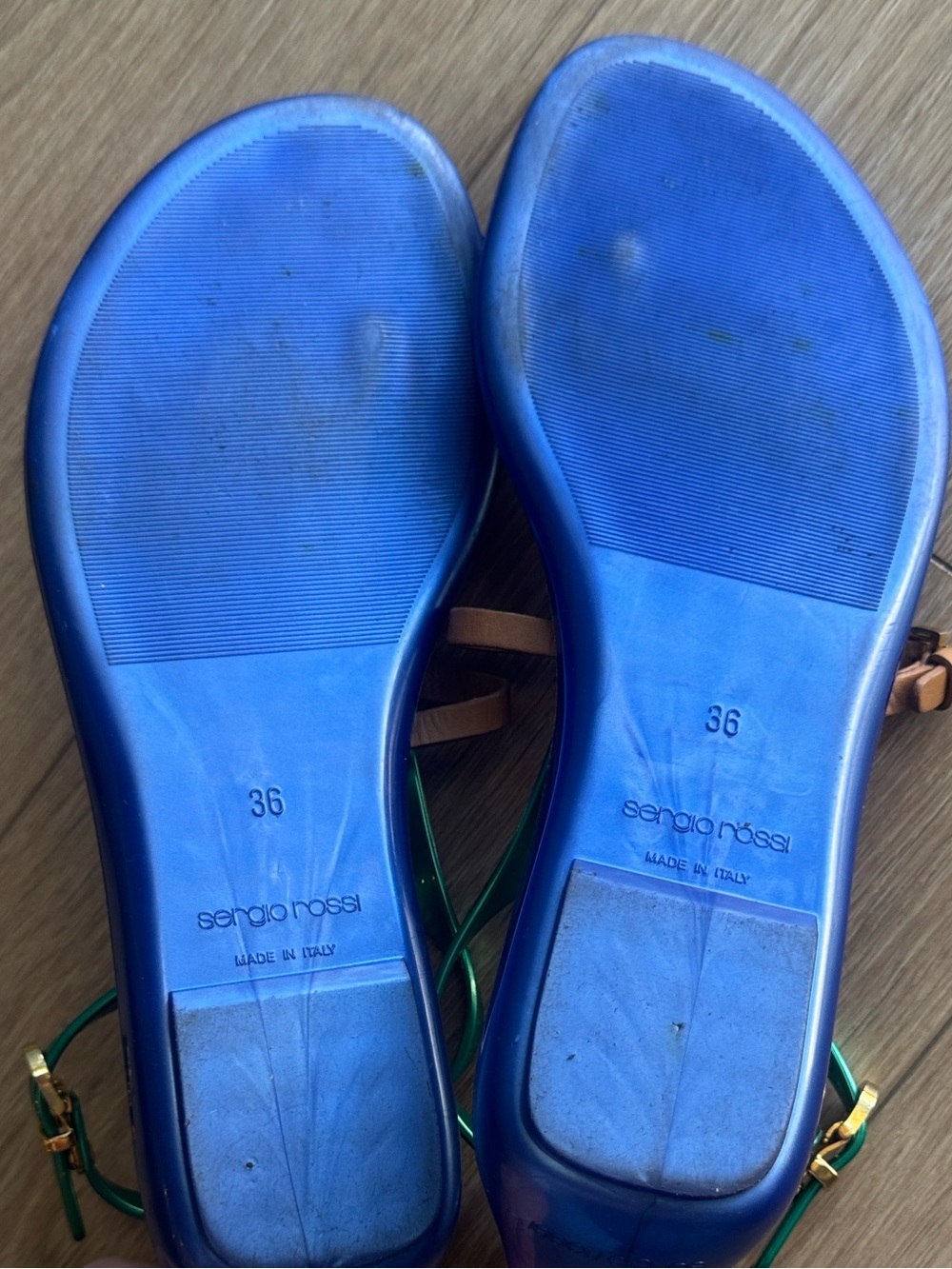 VINTAGE Sergio Rossi Jelly Sandals Cleo Green Blue Tan Colorblock Size 36 - Picture 11 of 11